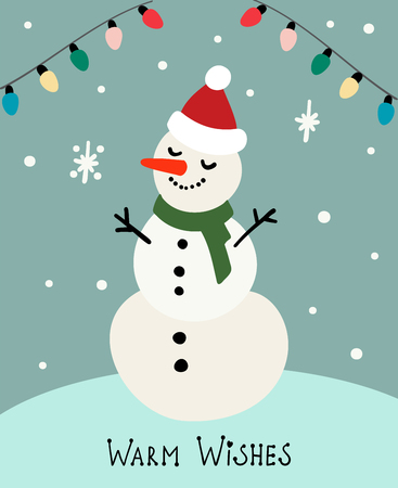 Cartoon invitation card. Snowman on light backdrop. Warm wishes. Vector new year illustrationのイラスト素材