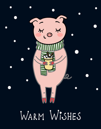 Cartoon invitation card. Little piglet with a mug of hot chocolate on dark background. Warm Wishes text. Vector winter illustrationのイラスト素材