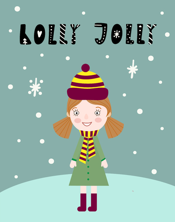 Cartoon invitation card. Little girl on light backdrop. Holly Jolly text. Vector winter illustrationのイラスト素材