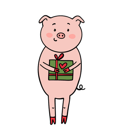 Cartoon invitation card. Piglet with a gift on white backdrop. Vector new year illustrationのイラスト素材