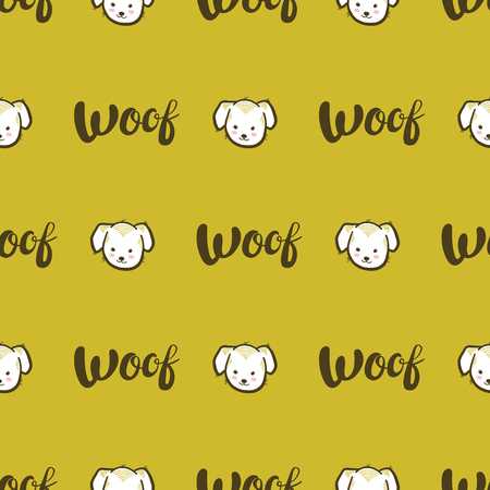Vector seamless pattern with dogs and Woof lettering on golden-yellow backgroundのイラスト素材