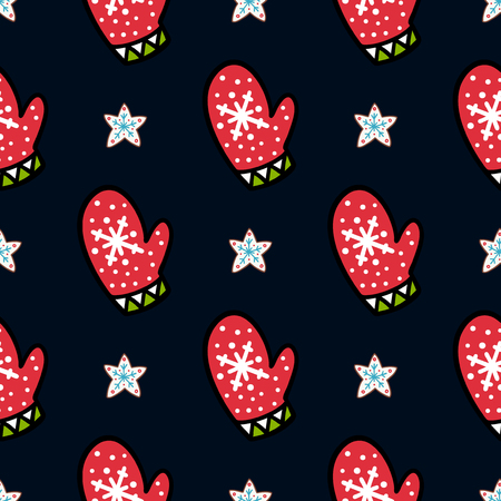 Vector winter pattern for decoration design with smittens and stars on dark background.Winter background decorationの写真素材
