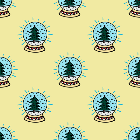 Vector winter pattern for decoration design with snow globe on yellow background. Winter background decorationのイラスト素材