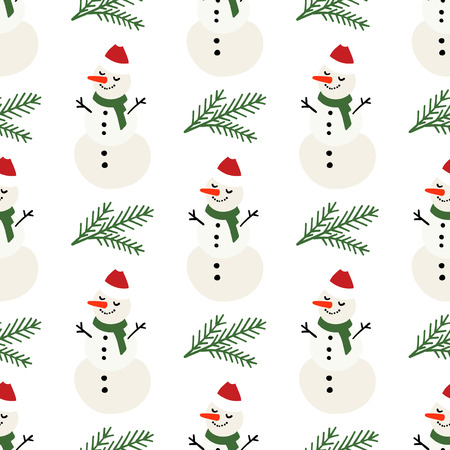 Vector winter pattern for decoration design with snowman and pine tree on light background. New year background decorationのイラスト素材