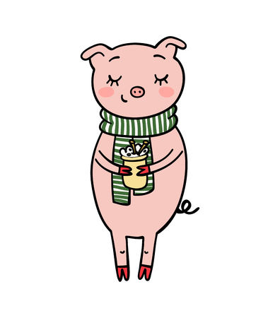 Cartoon invitation card. Little piglet with a mug of hot chocolate on dark background. Warm Wishes text. Vector winter illustrationのイラスト素材