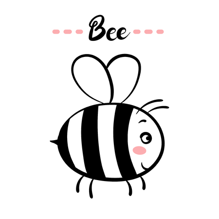 Bee text. Little black and white bee. Brush calligraphy lettering. Vector isolated illustrationの写真素材