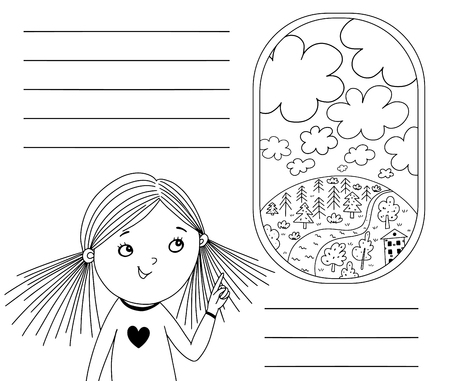 Little girl is pointing to a planes porthole. Black and white illustration for coloring book. Vector outline illustrationの写真素材