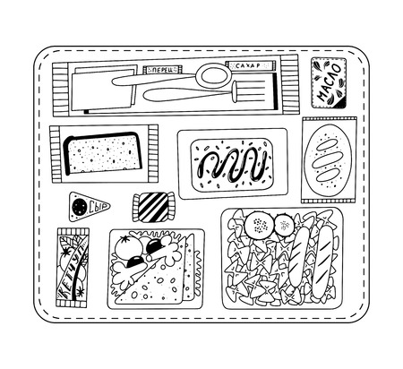 Airline food. Lunch on a board. Black and white illustration for coloring book. Vector outline illustrationの写真素材