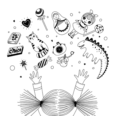 Girl's reaching her arms to toys. Kid's toys and sweets. Black and white illustration for coloring book. Vector outline illustrationのイラスト素材