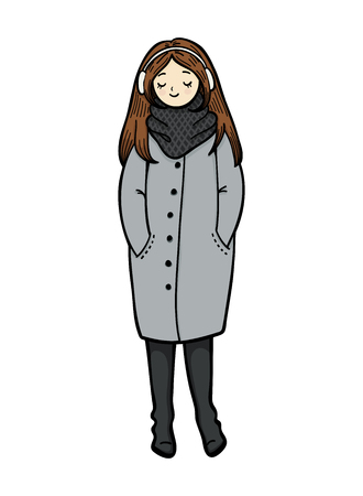Girl in trendy style on white background. Fashion illustration. Girl in a coat, scarf and boots is listening to music. Cute cartoon characterの写真素材