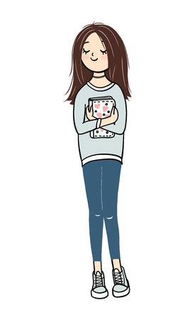 Teen girl is holding her diary. Young brown-haired girl wearing a sweatshirt, jeans and sneakers. Vector isolated illustrationの写真素材