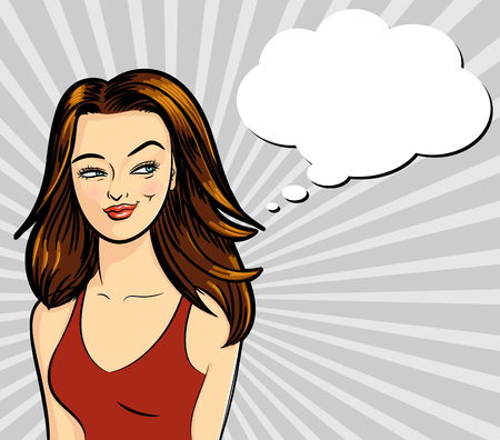 Beautiful pop art illustration with a girl and speech bubble on a white background for concept design. Cute girl illustrationの写真素材