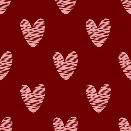 Vector seamless pattern with pink hearts on dark red backgroundのイラスト素材