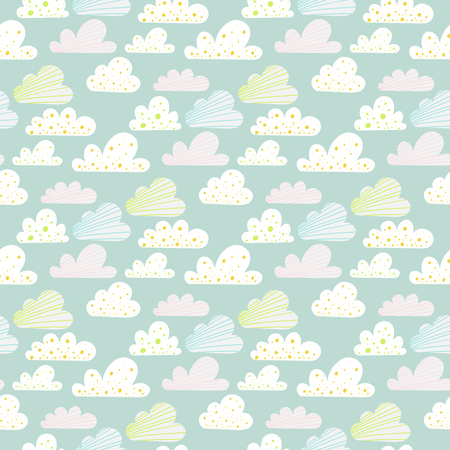 Vector seamless pattern with clouds, stars and drops of rain on a light blue backgroundの写真素材