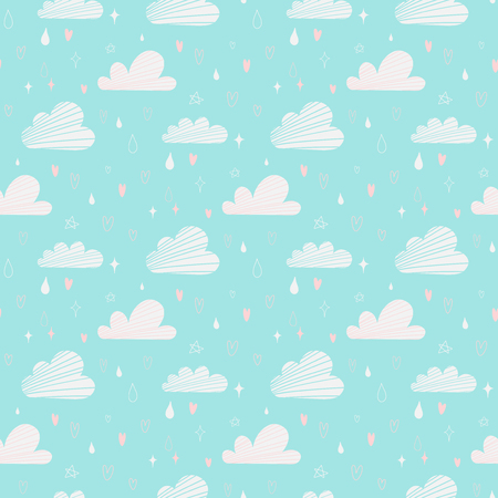 Vector seamless pattern with clouds, stars and drops of rain on a light blue backgroundの写真素材