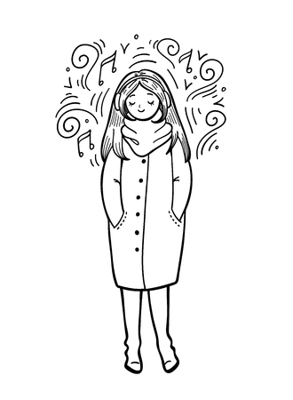 Girl in trendy style on white background. Fashion illustration. Girl in a coat, scarf and boots is listening to music. Cute cartoon character. Black and white outline vector illustration.の写真素材