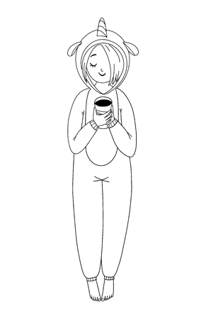 Girl's wearing sleepwear and holding a cup of tea. Black and white outline isolated illustration on a whithe backgroundの写真素材