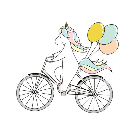 Cute little unicorn is riding a bicycle with balloons. Hand drawn vector illustrationのイラスト素材