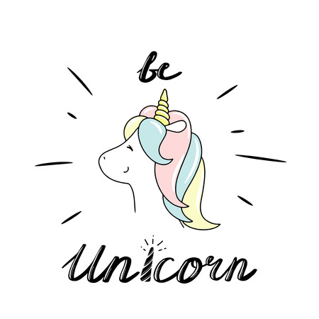 Cute little unicorn. Be unicorn lettering. Hand drawn vector illustrationのイラスト素材