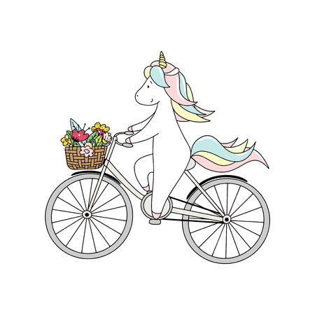Cute little unicorn is riding a bicycle with bouquet of flowers. Hand drawn vector illustrationのイラスト素材