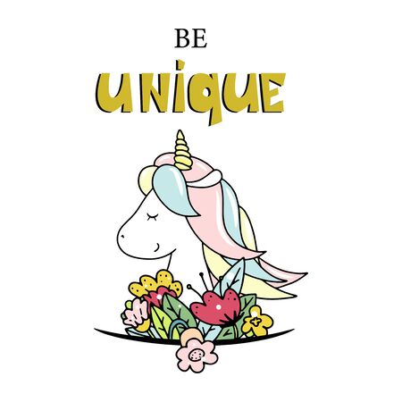 Cute little unicorn. Be unique lettering. Hand drawn vector illustration.のイラスト素材