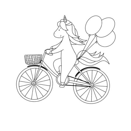Cute little unicorn is riding a bicycle with balloons. Hand drawn black and white vector illustration for coloring book.のイラスト素材