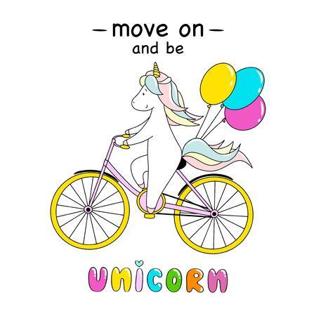 Cute little unicorn is riding a bicycle with balloons. Move on and be unicorn lettering.のイラスト素材