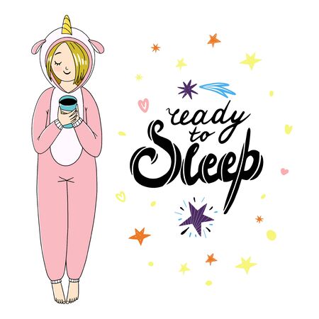 Girl's wearing sleepwear and holding a cup of tea. Black and white outline isolated illustration on a white backgroundのイラスト素材
