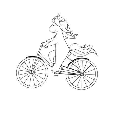 Cute little unicorn is riding a bicycle. Black and white hand drawn vector illustration for coloring book.のイラスト素材