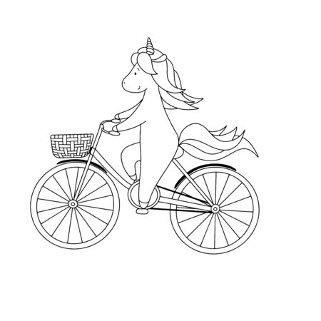 Cute little unicorn is riding a bicycle. Hand drawn black and white vector illustration for coloring bookのイラスト素材