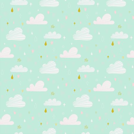 Vector seamless pattern with clouds, stars and drops of rain on a light blue backgroundのイラスト素材