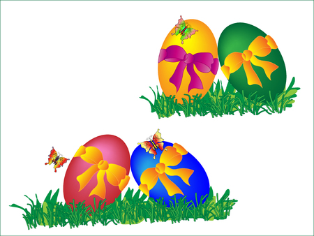 Bright Easter eggs with colored bows in the grass and butterflies around themのイラスト素材