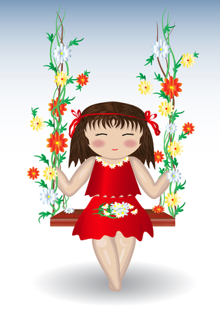 The girl is riding on swing with flowersのイラスト素材