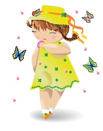 A girl with pigtails in a yellow dress and a hat with butterflies on her hat, a flower in her hand, butterflies and petals fly nearbyのイラスト素材