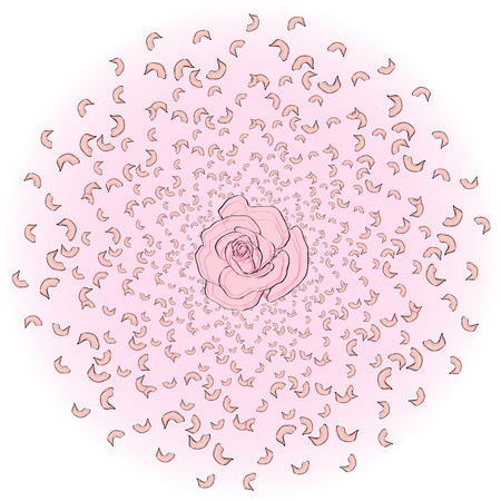 Flying from the circle of rose petals, sakura, cherries, apricots, apple trees with a rose in the middle. Whirlwind, wedding background, loveのイラスト素材