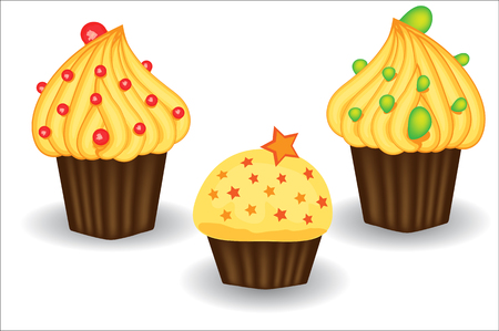 Three cupcakes with yellow cream, berries and powders. Sweet, dessert, deliciousのイラスト素材