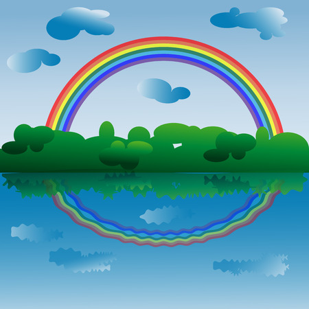 A bright rainbow of seven colors above the forest and water, a rainbow and clouds are reflected in the water. Landscape, landscape, reflection.のイラスト素材