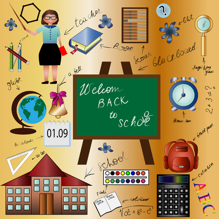 A set of "good-to-school", "return to school", teacher, bell, calculator, globe, abacus, backpack, book.のイラスト素材