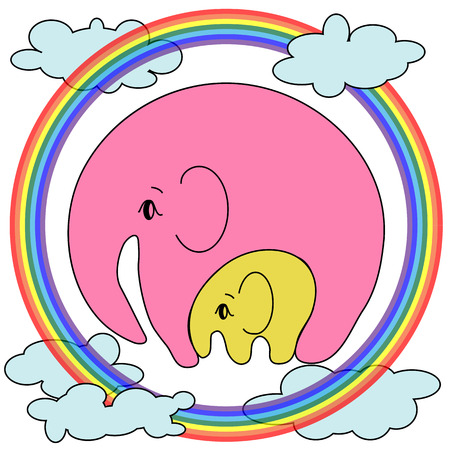Elephant with an elephant on the clouds, on the rainbow. The concept of motherhood, caring, love, peace, tenderness.のイラスト素材