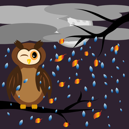A brown owl screwed up his eyes while sitting on the branches of a tree with flying leaves, against the backdrop of an autumnal landscape, the sky was covered with clouds, the rainのイラスト素材