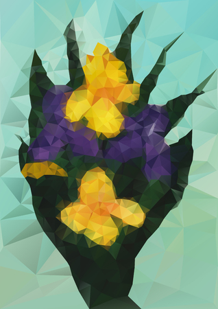 Bouquet of lilac and yellow irises with green leaves on a blue background. Polygonal drawing, stained glassのイラスト素材