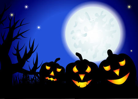 Halloween. Three night landscape, a full moon in the sky, stars, tree silhouettes, grassesのイラスト素材