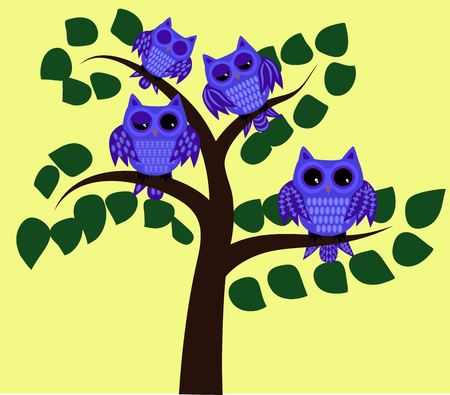 Four blue waking owls with open, half-open and closed eyes on a tree branch with leaves.のイラスト素材