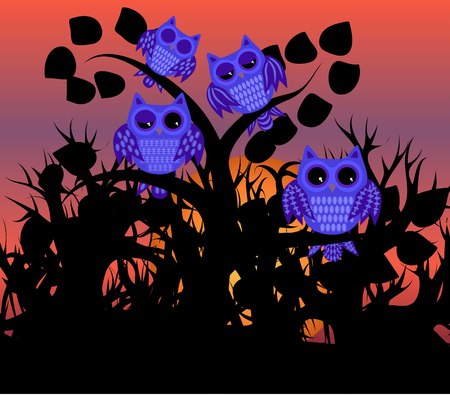Four blue waking owls with open, half-open and closed eyes on a branch of a tree with leaves against the background of an orange sunset, the setting sun and black forestのイラスト素材