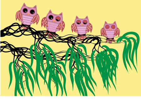 Four pink waking owls with open, half-open and closed eyes on a tree branch with leavesのイラスト素材