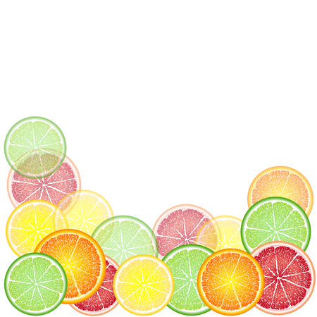 Cheerful, bright frame of circles of citrus fruits: orange, lemon, grapefruit, lime. Greeting card backgroundのイラスト素材