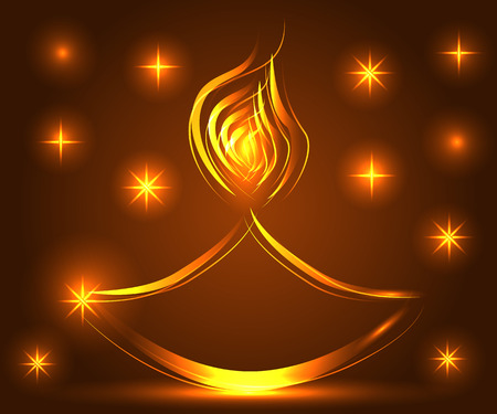 Diwali. Light background. Lamp, oil lamp with a burning fire on a warm brown backgroundのイラスト素材