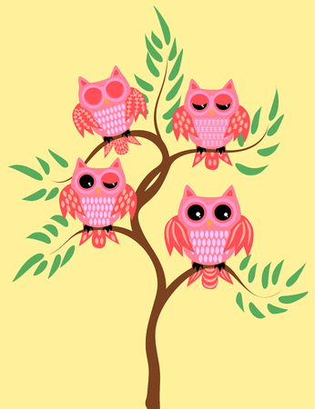 Four pink owls on a tree branch: sleeping, awake, two with a half-open eyesのイラスト素材