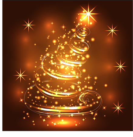 Sparkling, bright, dark New Year or Christmas background with a glowing Christmas tree, stars, snowflakes, effects. Happy Christmas and New Year.のイラスト素材