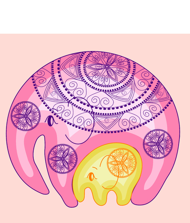 Elephants with a circular ornament. Mandala. The concept of mother and child, protection, motherhood, careのイラスト素材